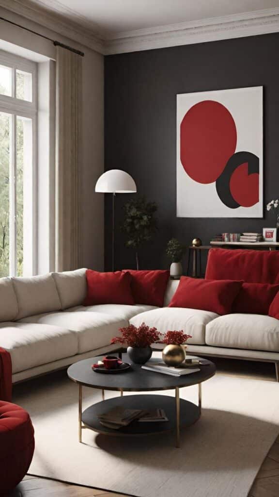 Modern living room with white sectional sofa, red and black decor, round coffee table, and abstract wall art.