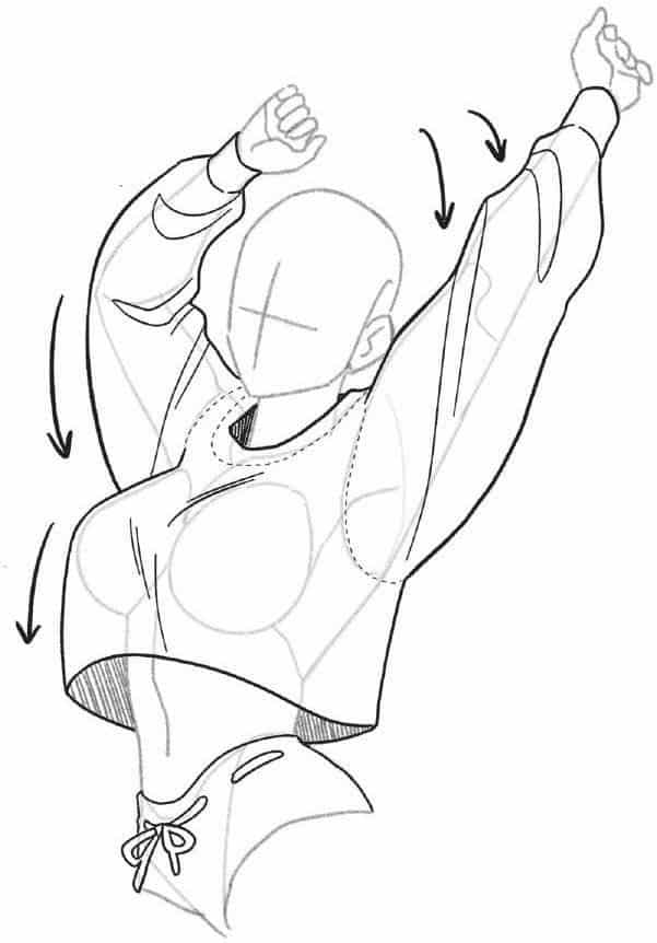 Sketch of a faceless person stretching, wearing a cropped hoodie and shorts, with arrows indicating movement.