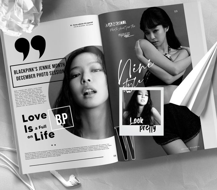 Black and white magazine spread featuring a model in a photo session, emphasizing style and elegance.