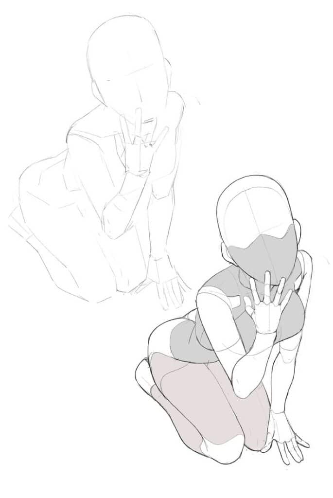 Two sketched mannequin figures, one posing with an expressive hand gesture, showcasing dynamic character design.