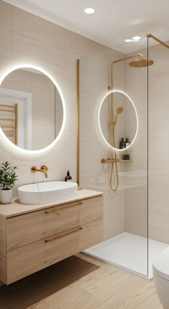 Modern bathroom with round LED mirror, wood vanity, gold fixtures, walk-in glass shower, and beige tiles.