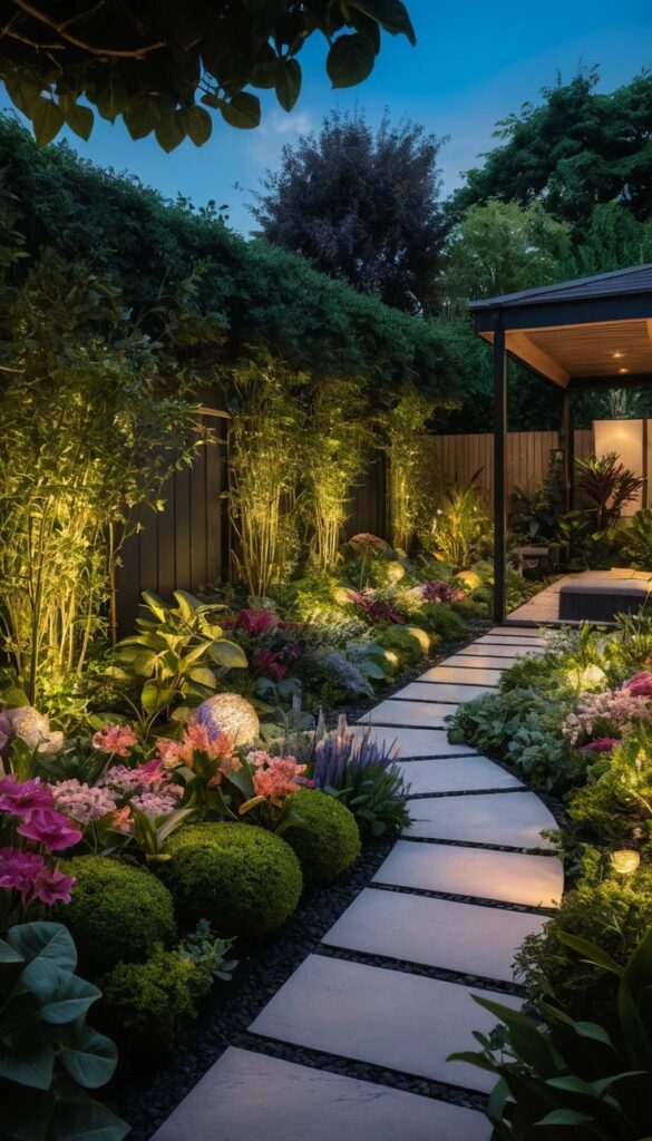 Illuminated garden path with lush greenery and vibrant flowers at dusk, creating a serene outdoor ambiance.