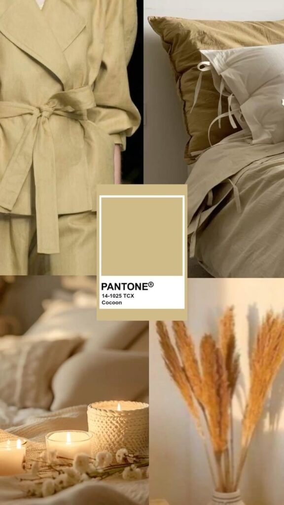 Pantone 14-1025 TCX Cocoon: Beige fashion, bedding, candles, and decor for a cozy, stylish ambiance.