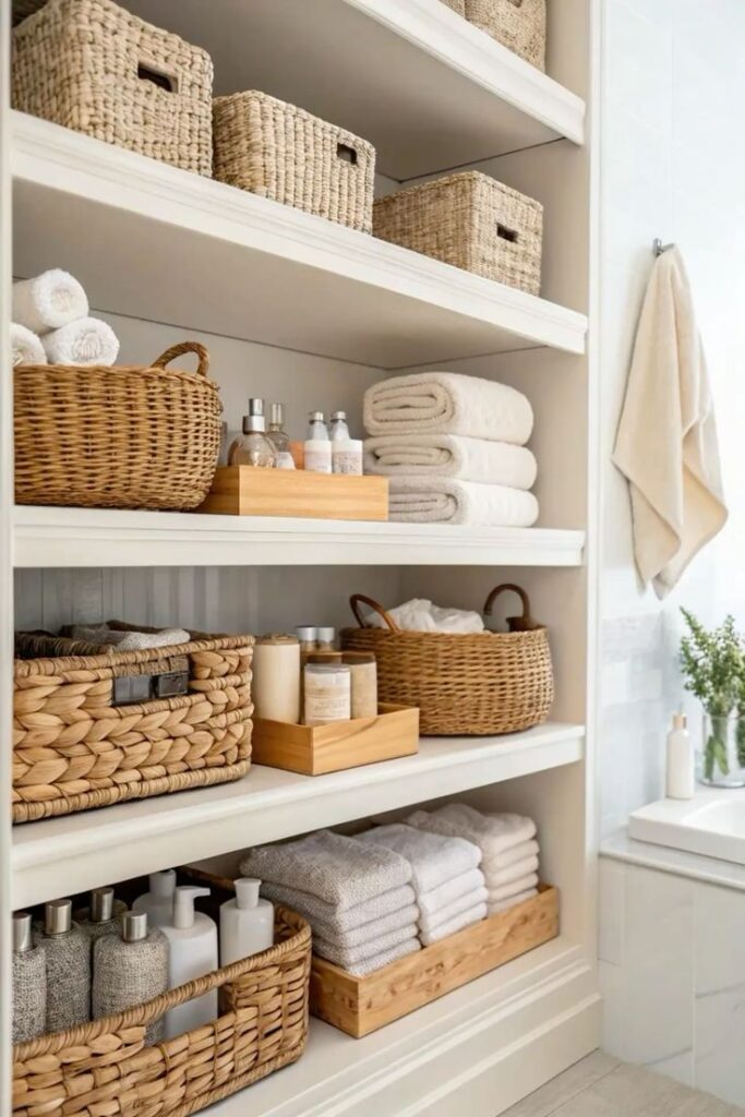 Организация хранения вещей Organized bathroom shelves with wicker baskets, towels, and toiletries, creating a neat and stylish spa-like feel. | Sky Rye Design Organized bathroom shelves with wicker baskets, towels, and toiletries, creating a neat and stylish spa-like feel.
