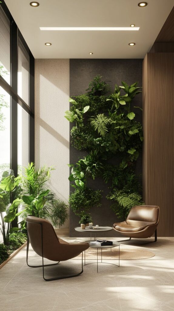 Растения в интерьере гостиной_ идеи для уютного и стильного оформления 🏡 Modern room with vertical garden, leather chairs, and large windows for natural light. Cozy and green interior design. | Sky Rye Design Modern room with vertical garden, leather chairs, and large windows for natural light. Cozy and green interior design.