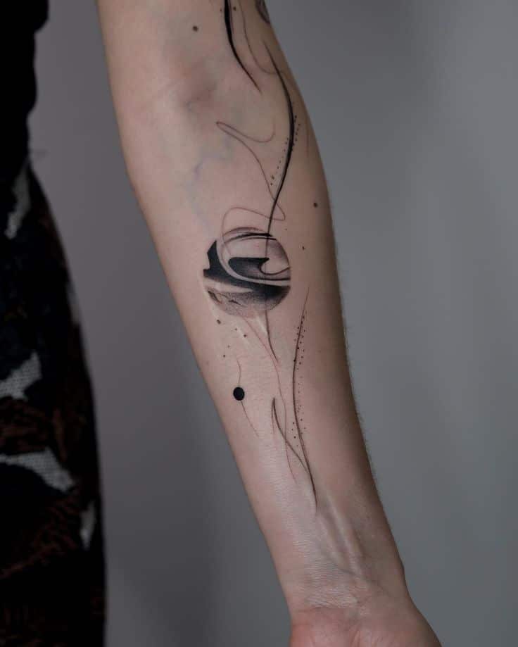 Рукав для гостьи из Берлина ✨____tattooparis tattoogermany tattoomunich tattoomoscow татумосква abstract abstracttattoo Abstract forearm tattoo with black ink lines and dots on light skin background. | Sky Rye Design Abstract forearm tattoo with black ink lines and dots on light skin background.