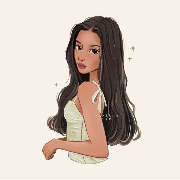 Illustration of a woman with long hair in a light dress, looking over her shoulder with a neutral background.