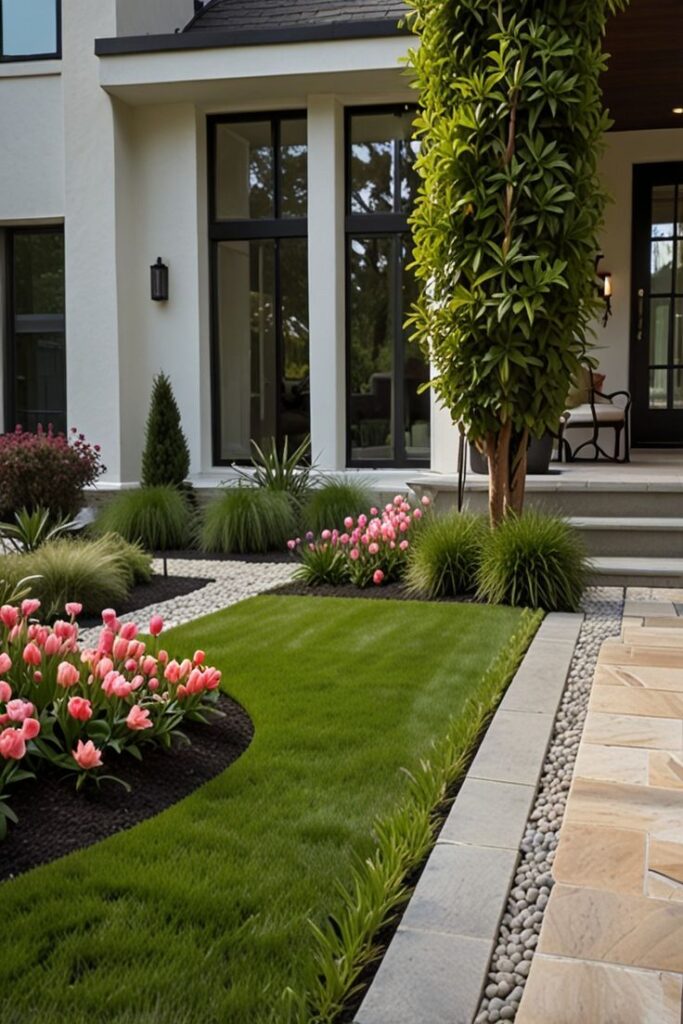 𝙒𝙊𝙍𝙇𝘿 𝙎𝙀𝘾𝙍𝙀𝙏 🌍 𝘼𝘿𝙑𝙀𝙉𝙏𝙐𝙍𝙀𝙎 Modern home entrance with manicured lawn, vibrant pink tulips, and elegant landscaping. | Sky Rye Design Modern home entrance with manicured lawn, vibrant pink tulips, and elegant landscaping.