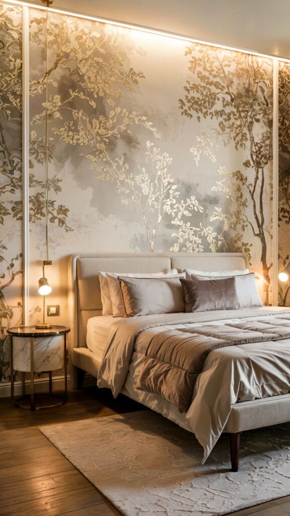 🌟 Classic Bedroom Wallpaper Ideas Timeless Elegant Designs for Cozy Bedroom Inspo + Master Bed Elegant bedroom with nature-themed wallpaper, cozy lighting, and plush bedding for a serene, stylish atmosphere. | Sky Rye Design Elegant bedroom with nature-themed wallpaper, cozy lighting, and plush bedding for a serene, stylish atmosphere.
