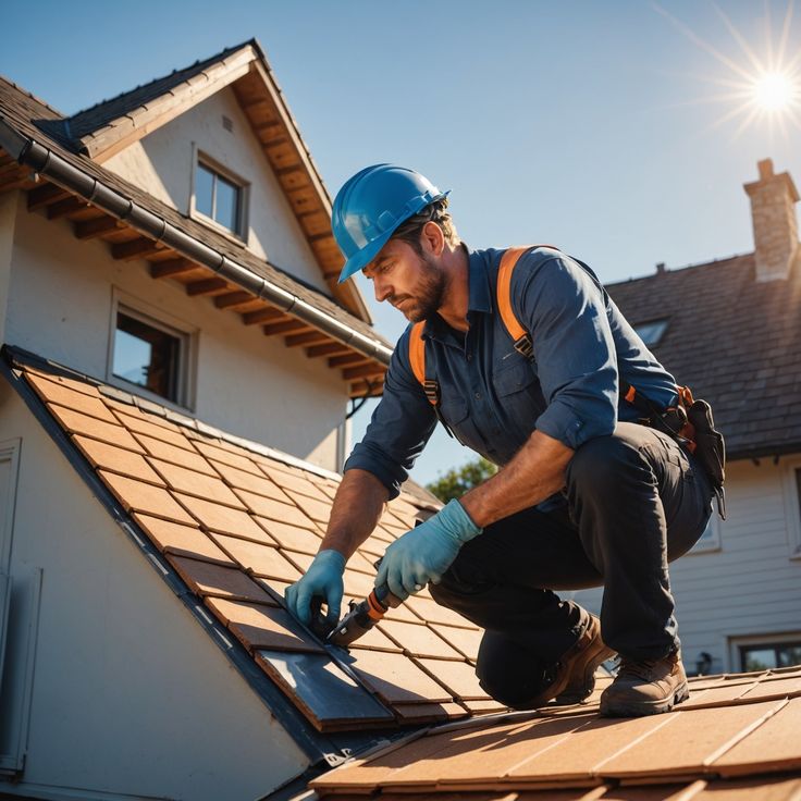 Roofing contractor in blue helmet and gloves repairing house roof under clear sky.