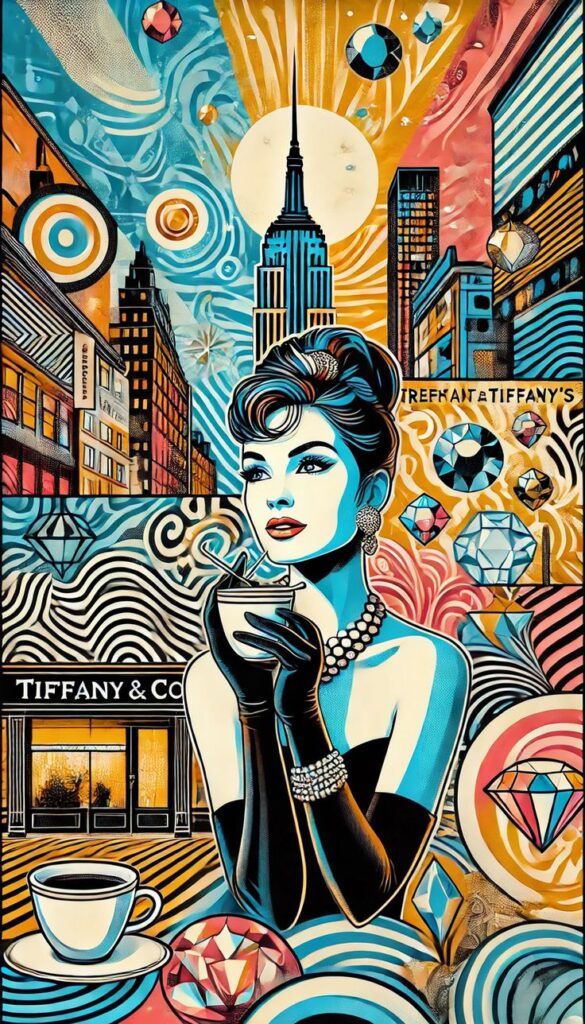 💎 Petit Déjeuner chez Tiffany en Pop Art _ Glamour et Mélancolie en Couleurs 🎨✨ Pop art woman with coffee, pearls, and gloves, surrounded by colorful cityscape and gem designs. Vintage glamour vibe. | Sky Rye Design Pop art woman with coffee, pearls, and gloves, surrounded by colorful cityscape and gem designs. Vintage glamour vibe.