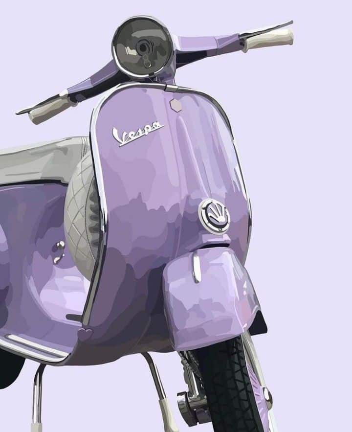 💜 Purple vintage scooter front view, classic design with chrome accents on light lavender background. | Sky Rye Design Purple vintage scooter front view, classic design with chrome accents on light lavender background.