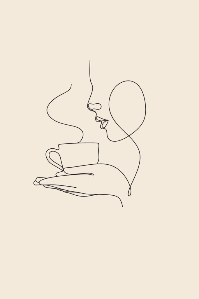 Minimalist line art of a woman enjoying a hot cup of coffee, conveying warmth and relaxation.