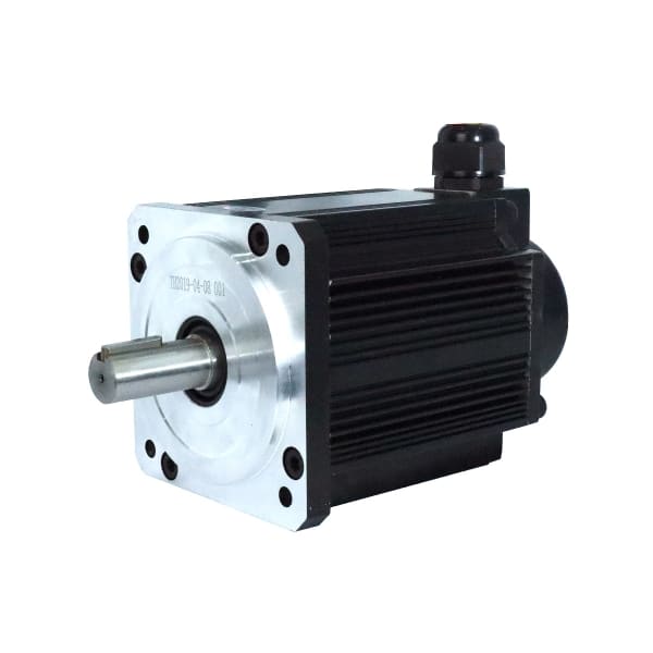Industrial electric motor with a metallic shaft and black casing on a white background.
