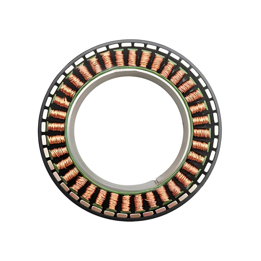 Copper coil stator for electric motor or generator, showcasing intricate winding and circular design.