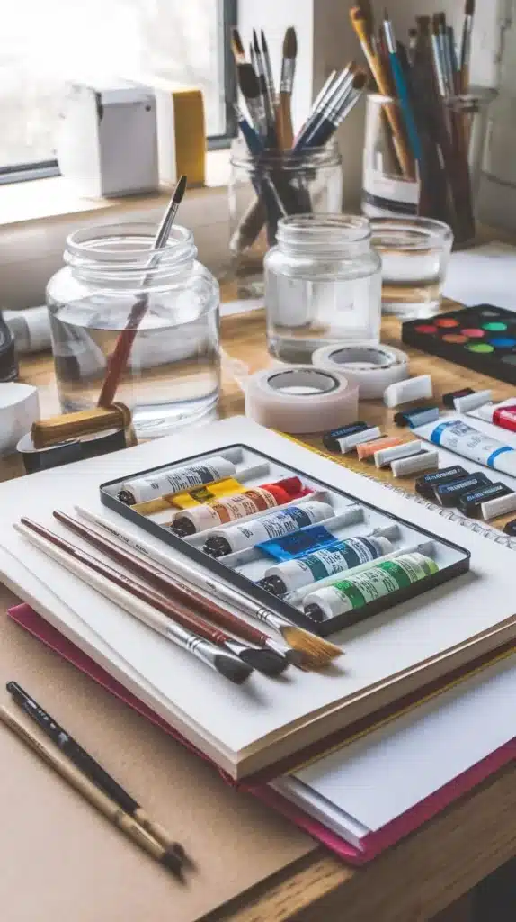 Art supplies including paint tubes, brushes, and paper on a wooden desk, ready for a creative painting session.