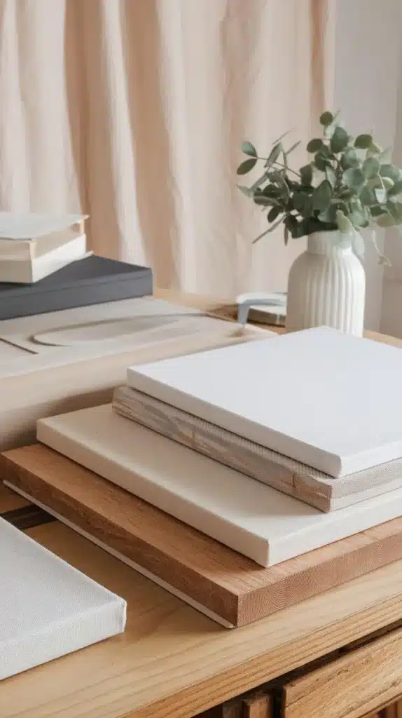 Stacked canvases on a wooden table with a vase of eucalyptus leaves, creating a calm artistic atmosphere.