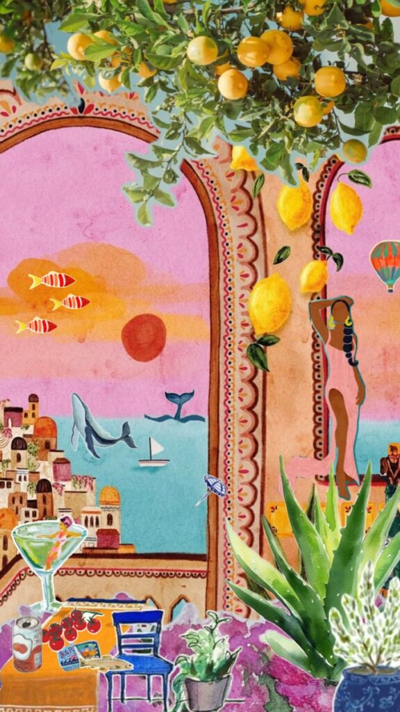 Whimsical seaside collage with lemons, sunset, and ocean; includes a sailboat, city view, and colorful plants.