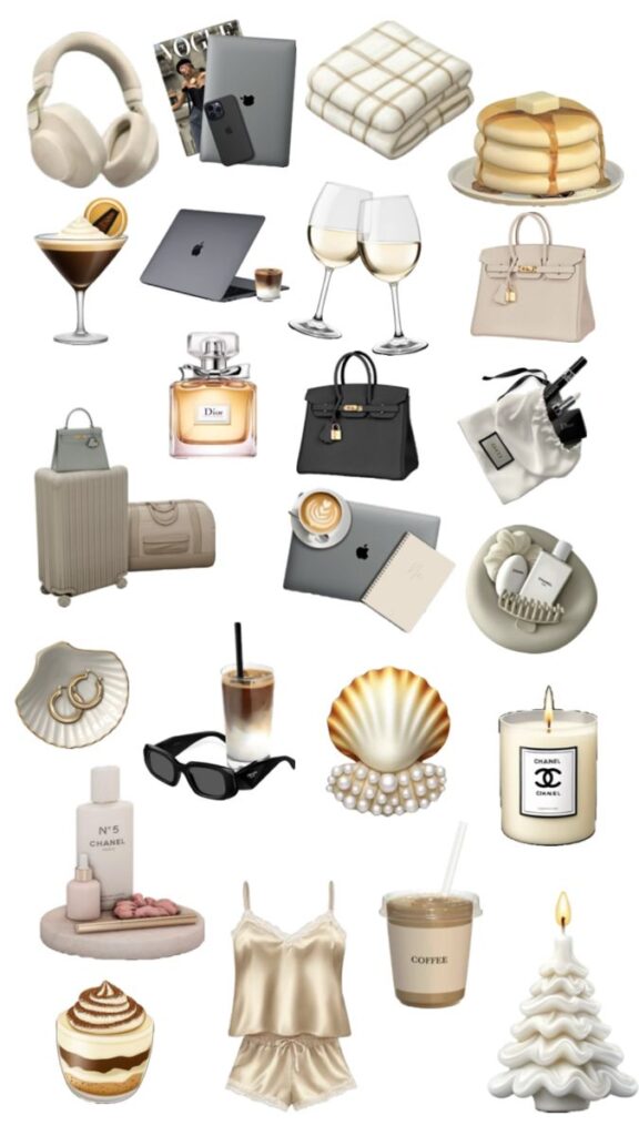 Luxury lifestyle items including fashion accessories, gadgets, drinks, cosmetics, and decor arranged aesthetically.