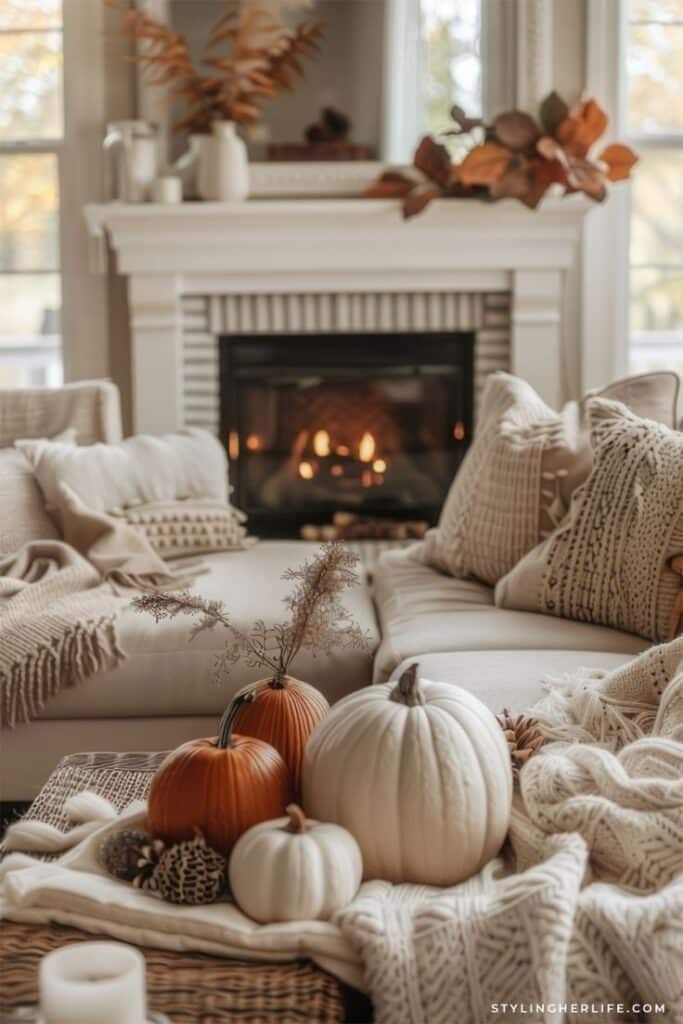 Cozy fall living room with pumpkins, knit blankets, and a warm fireplace. Perfect autumn home decor inspiration.