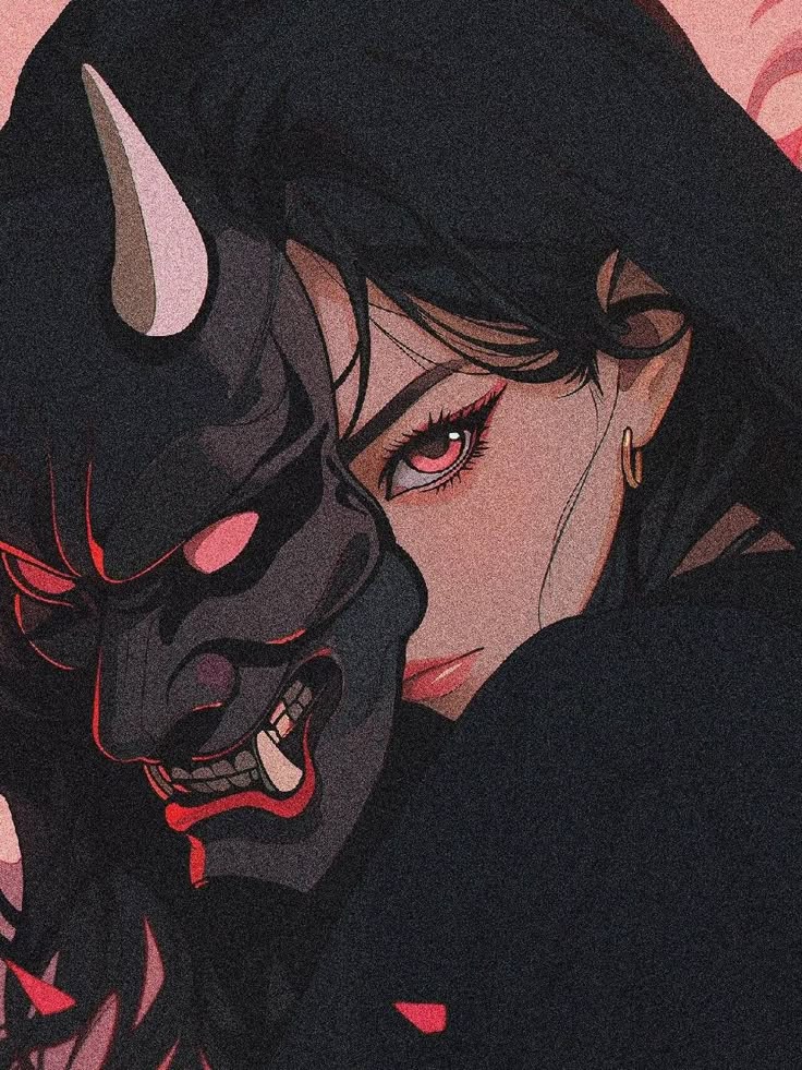 Illustration of a woman with mysterious gaze behind a sinister horned mask, blending beauty and darkness.