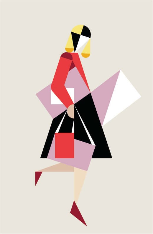 Geometric art of a woman shopping with red and pink bags, wearing a stylish red and black outfit.