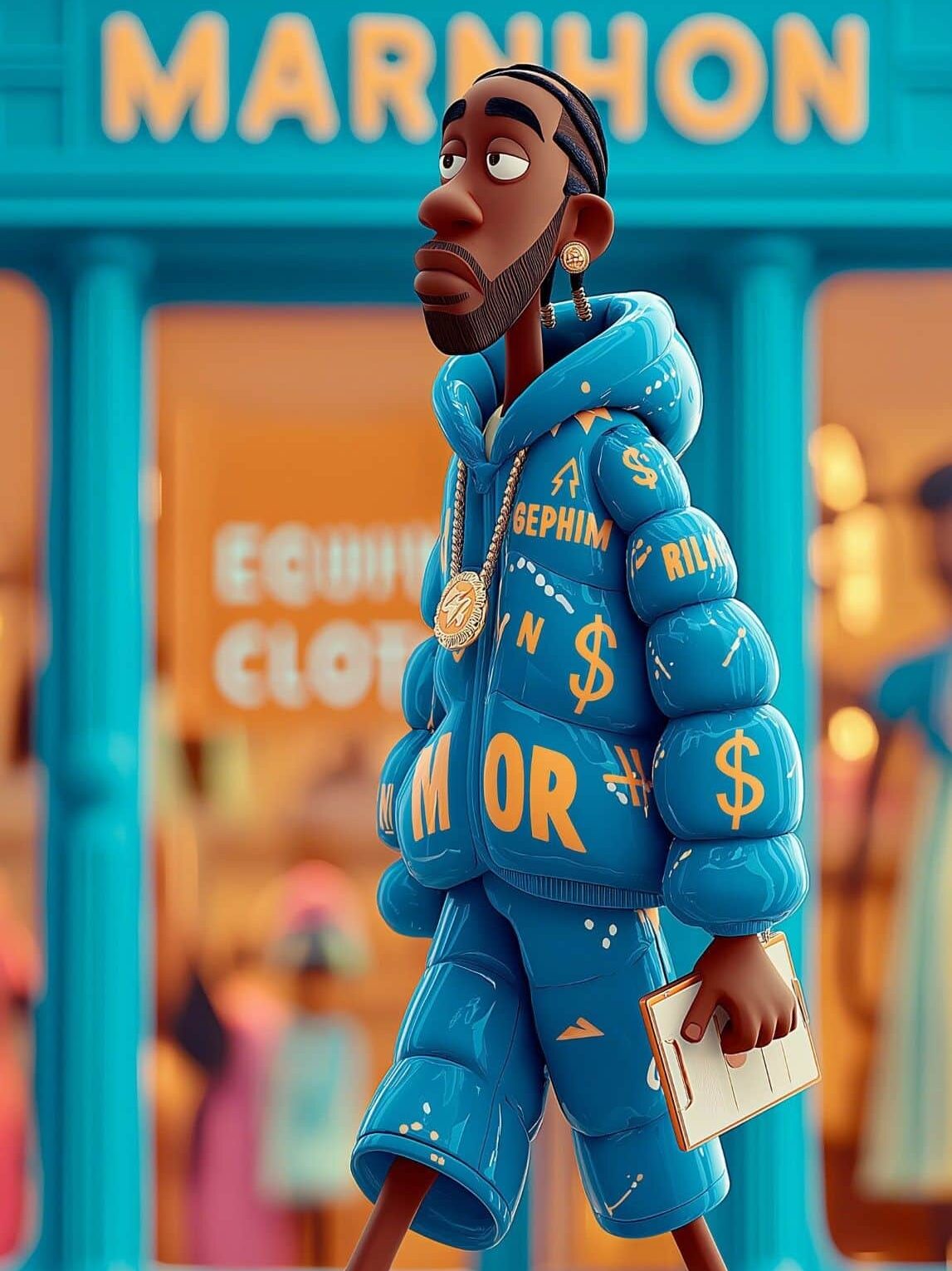 Cartoon character in blue trendy outfit walking by store with notebook, wearing gold accessories and sneakers.