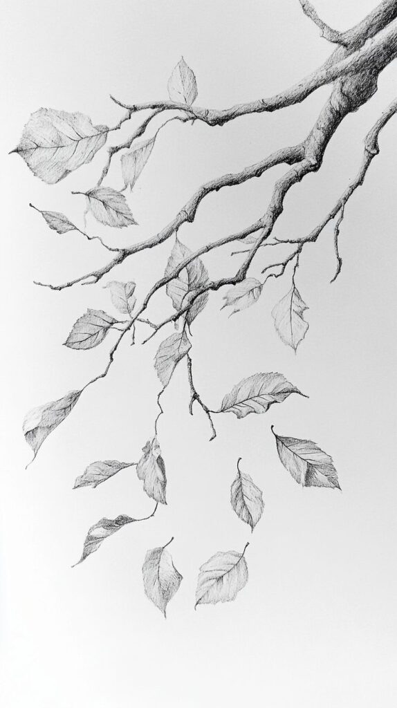 Pencil sketch of tree branches with falling leaves, illustrating delicate nature art and autumn theme.
