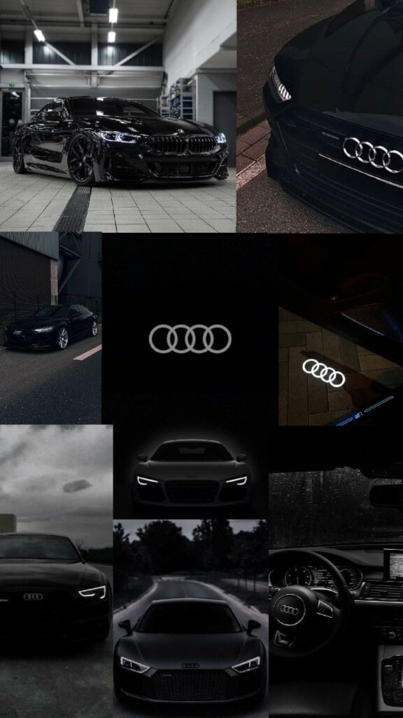 Collage of sleek, black luxury cars with illuminated logos and interiors, highlighting elegance and style.