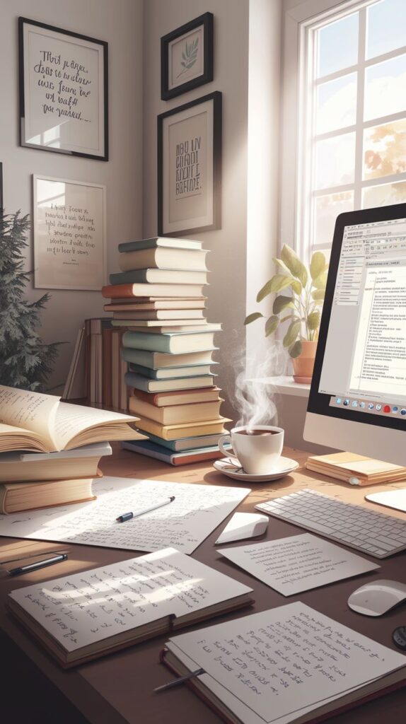 Cozy writing desk with books, steaming coffee, computer, and warm sunlight streaming through a window.
