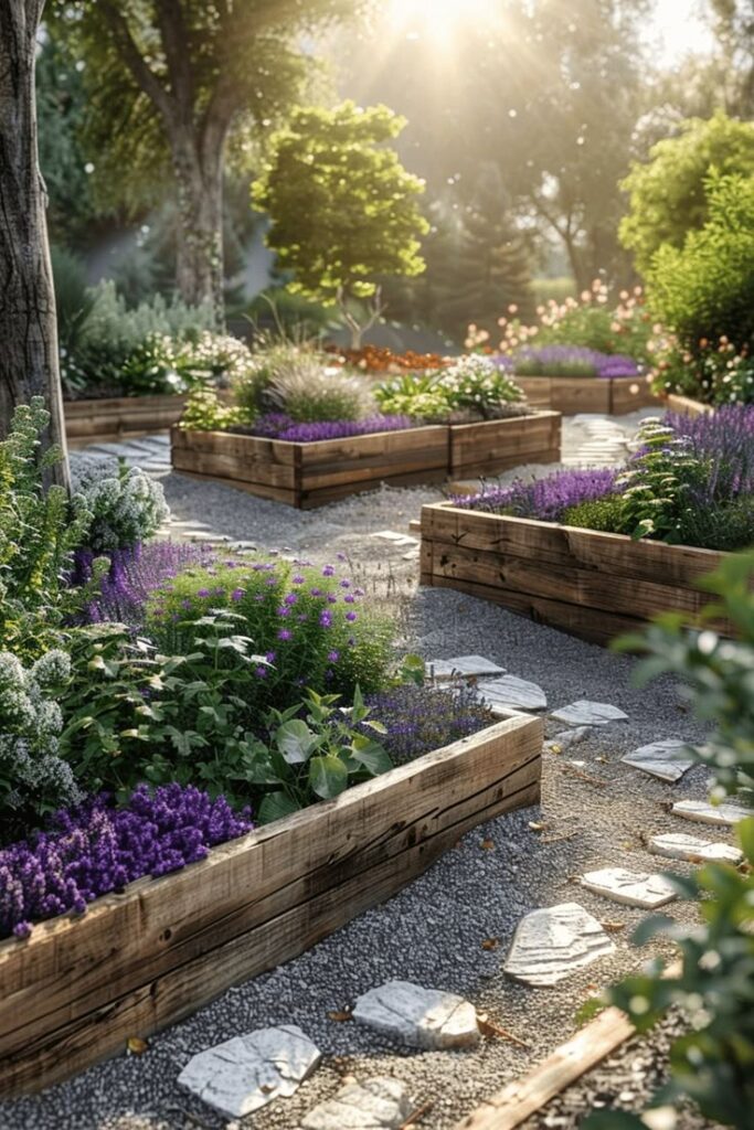 Sunlit garden with blooming flowers in wooden raised beds along a stone path.