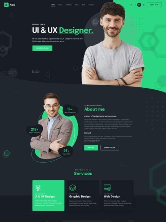 UI/UX designer portfolio webpage with designer profiles, services, and project showcases in a sleek, modern layout.