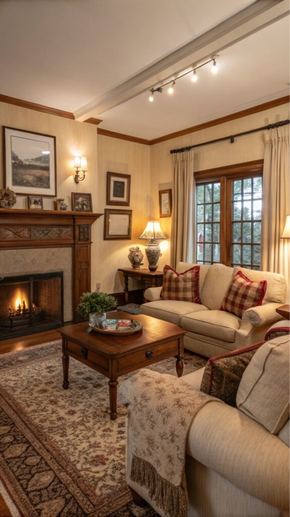 Cozy living room with beige sofa, fireplace, wooden coffee table, and warm lighting.