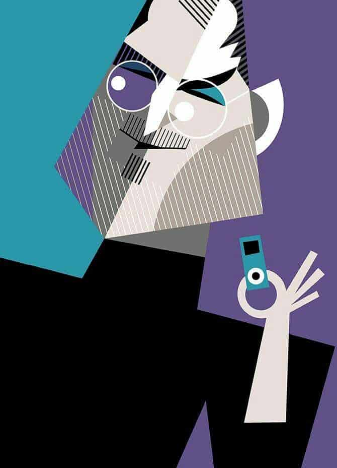 Abstract geometric illustration of a person holding a small blue device, set against a purple and teal background.