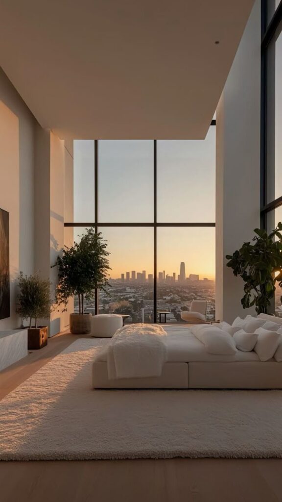 Spacious modern bedroom with large windows overlooking city skyline at sunset. Cozy, elegant interior design.