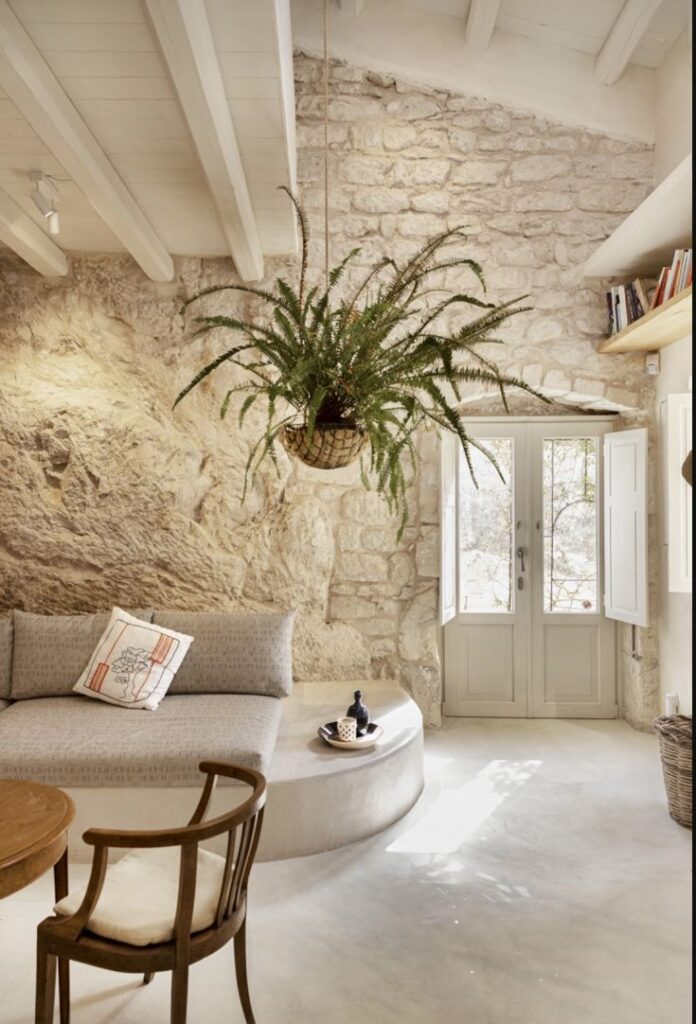 Modern rustic living room with stone wall, cozy seating, hanging plant, and natural light from French doors.