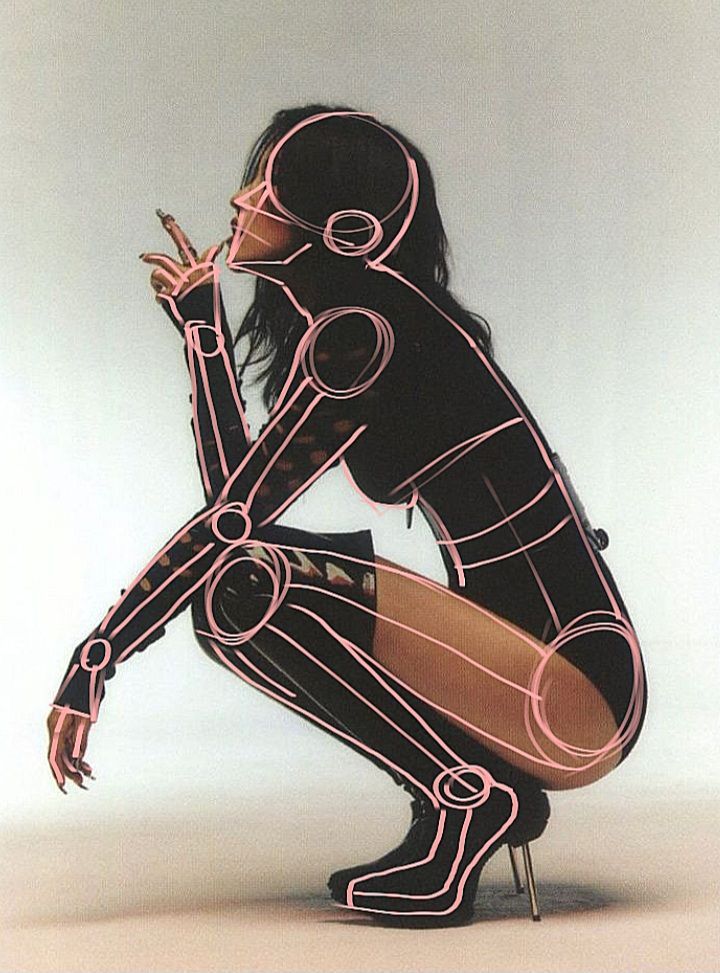 Stylish silhouette of a person in a futuristic suit with pink lines, squatting and gesturing, on a soft background.