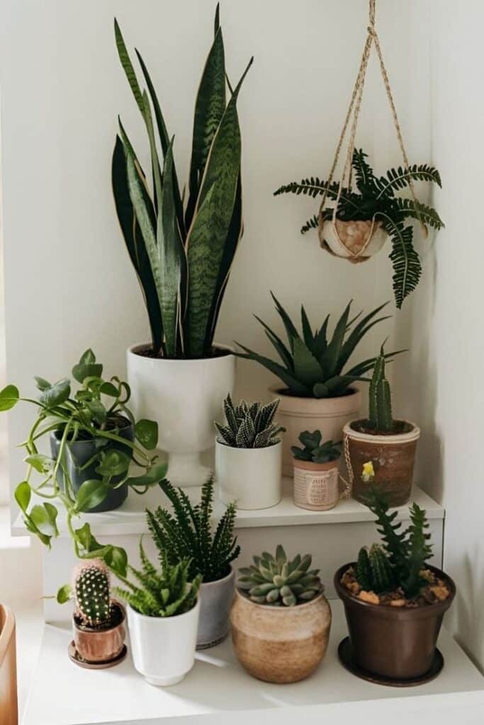 Assorted indoor plants in pots on white shelves, bright natural light, cozy home decor.