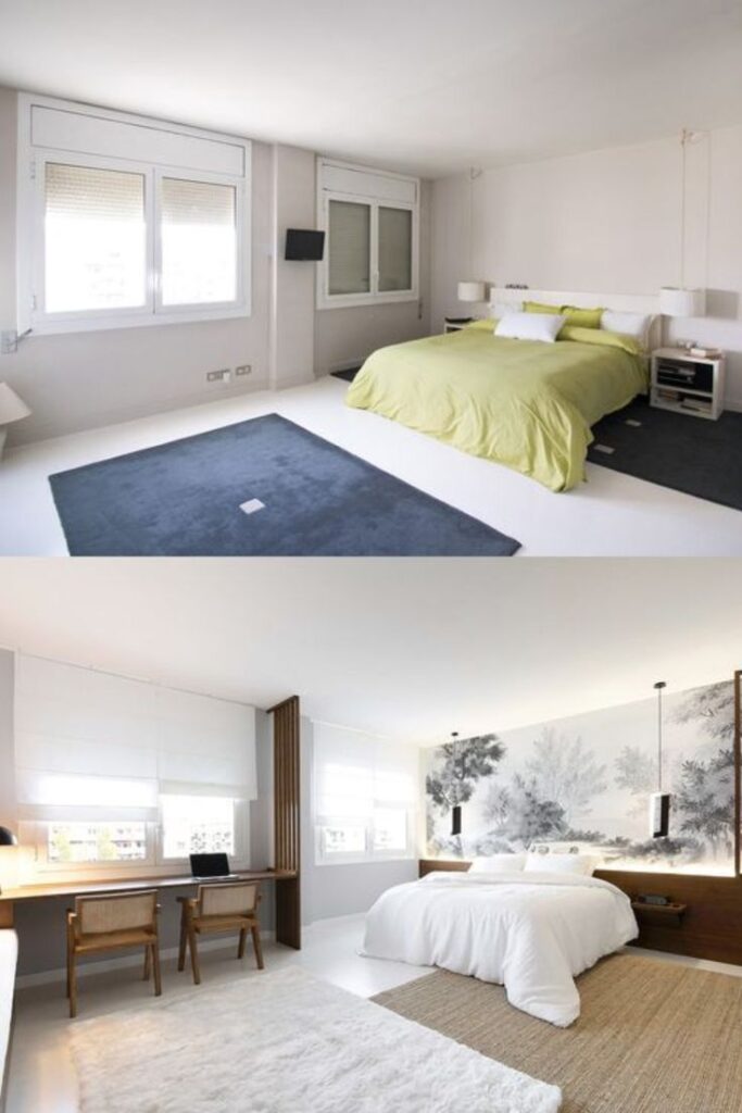Modern minimalist bedroom with green and white bedding, large windows, and stylish decor elements.