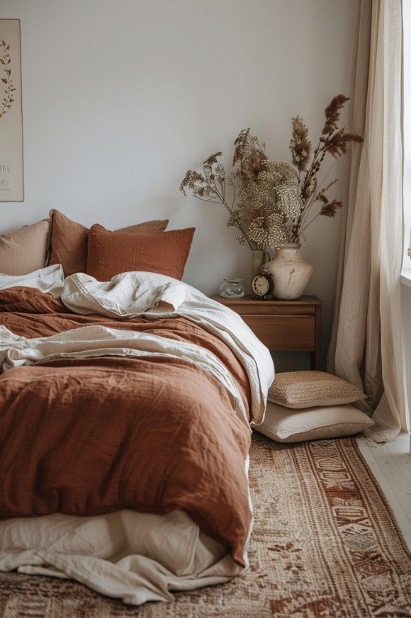 Cozy bedroom with earthy tones, dried flowers, and natural light creating a warm, inviting atmosphere.