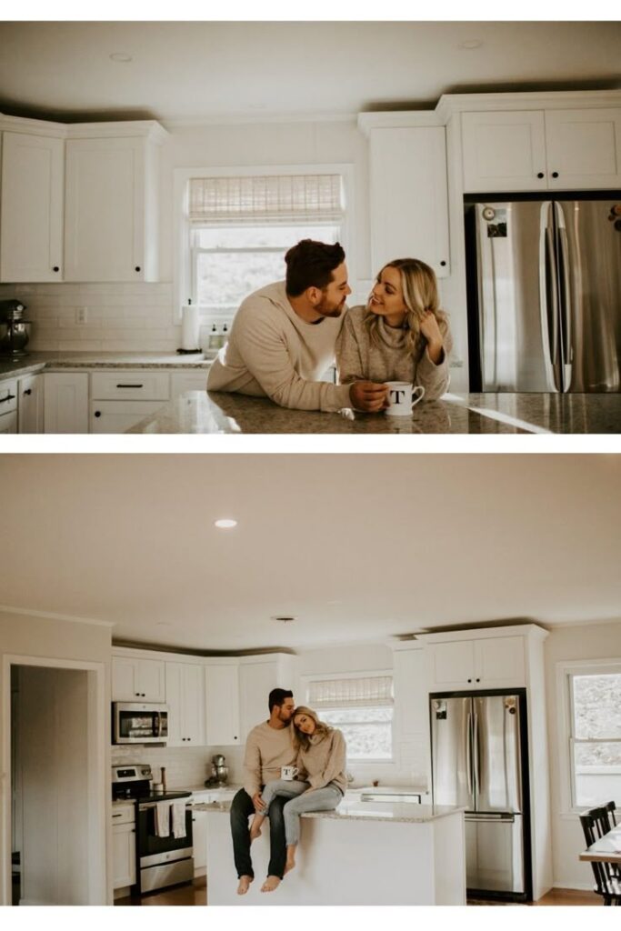 Couple enjoying coffee in a cozy kitchen with white cabinets and modern appliances.