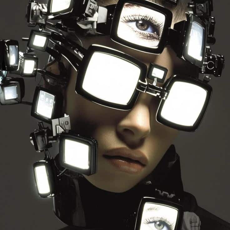Futuristic art with screens and human face, highlighting technology and surveillance themes.