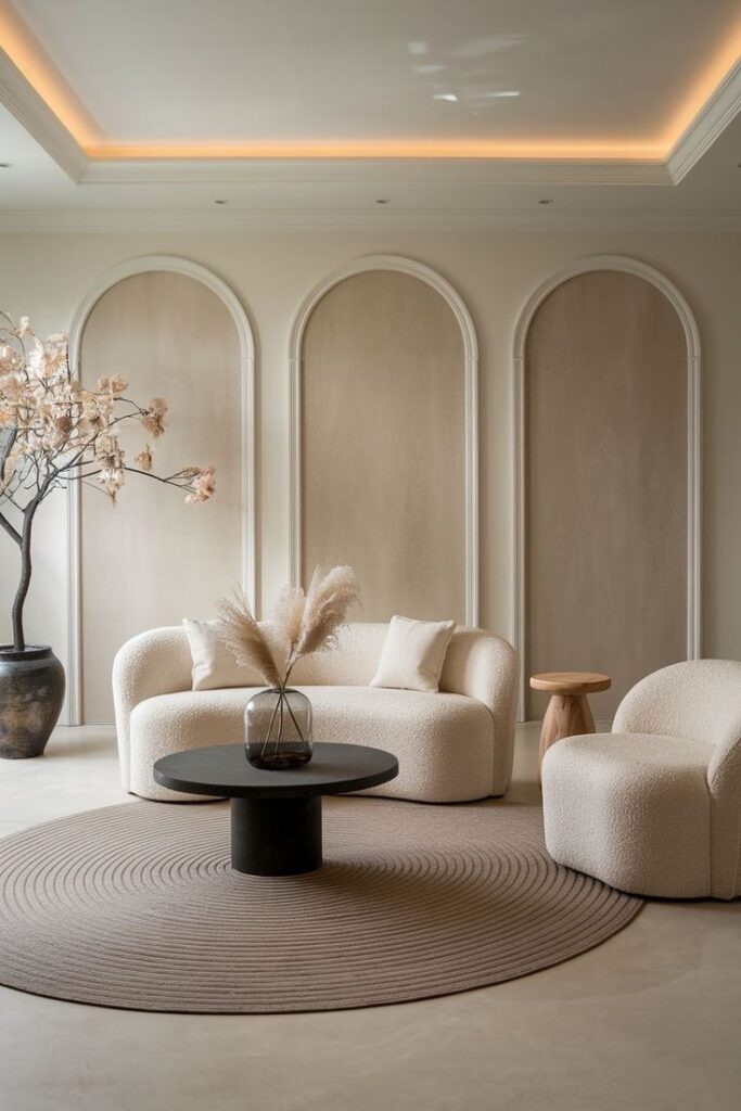 Minimalist living room with beige sofas, round table, and decorative arch panels. Neutral tones and soft lighting.