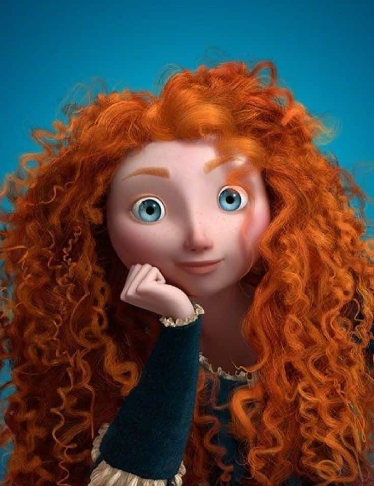 Animated character with curly red hair and blue dress, smiling against blue background.