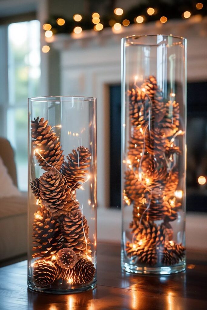 Tall vases with pinecones and twinkling lights create a cozy holiday ambiance on a table by the fireplace.