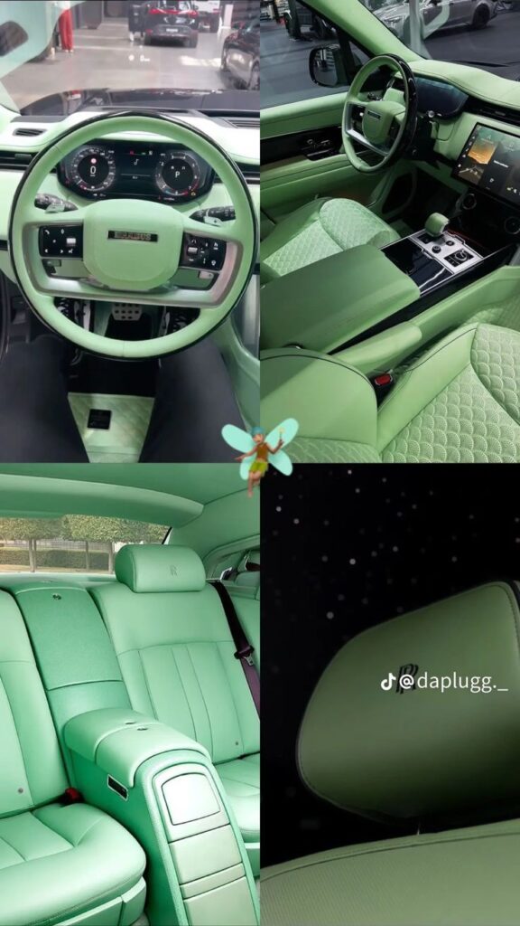 Luxurious car interior with green leather seats and detailed dashboard design.