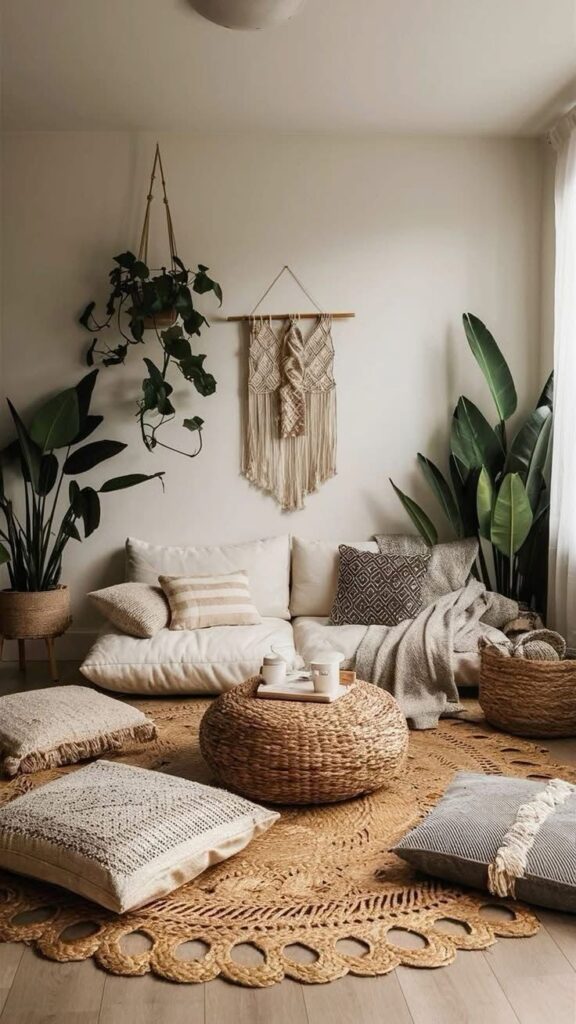 Boho living room with white sofa, woven decor, plants, and cozy pillows creates a calming, stylish atmosphere.
