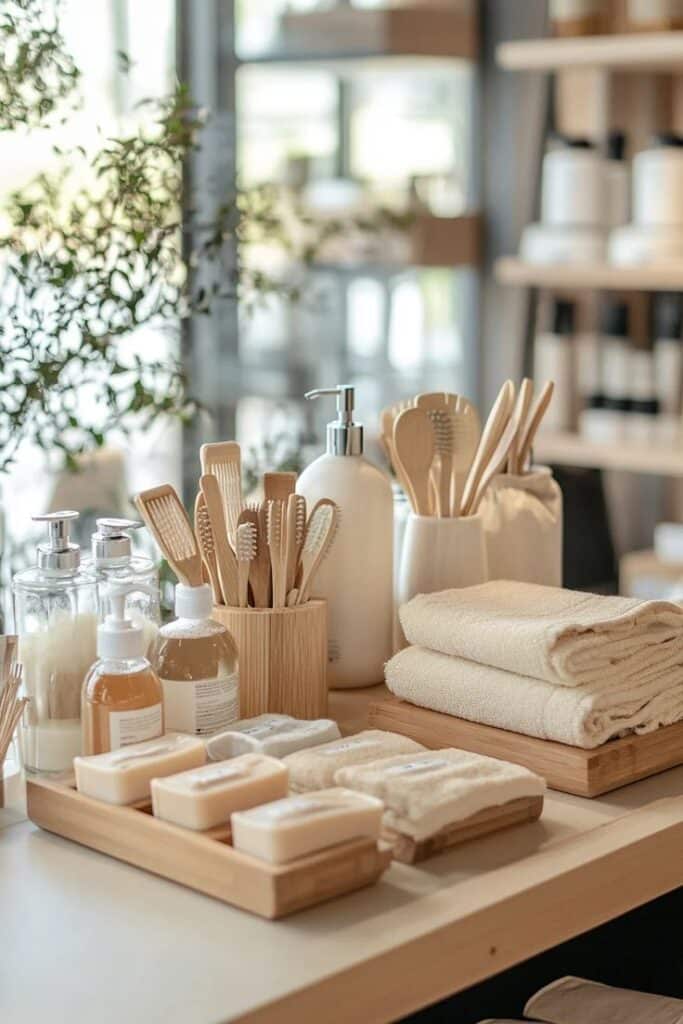 Eco-friendly bathroom essentials with bamboo toothbrushes, soaps, lotions, and towels on a wooden tray.