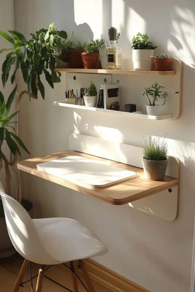 Minimalist home office setup with white chair, wooden desk, and shelves with potted plants and decor.