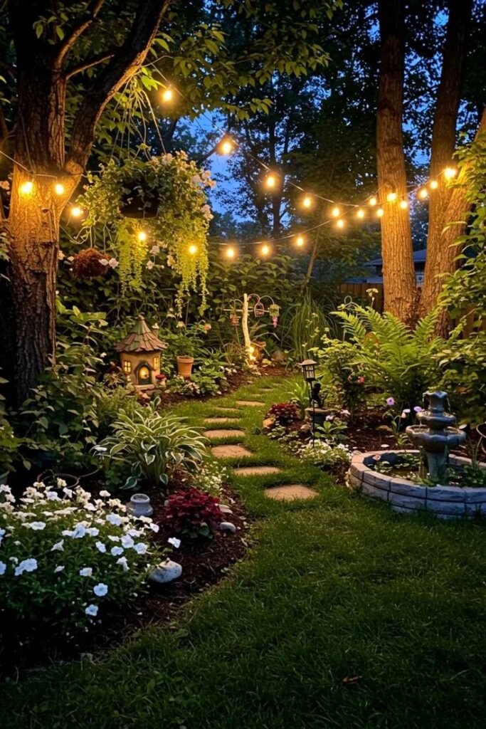 Enchanting garden path lit by string lights, surrounded by lush greenery and flowers, leading to a fairy house.
